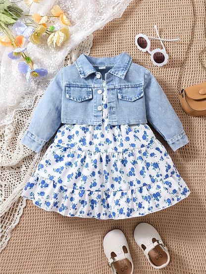 Baby Spring and Autumn Denim Coat Floral + Slip Skirt Two-piece Casual Female Newborn Street Fashion Suit Outdoor Vacation Wear Leedoar