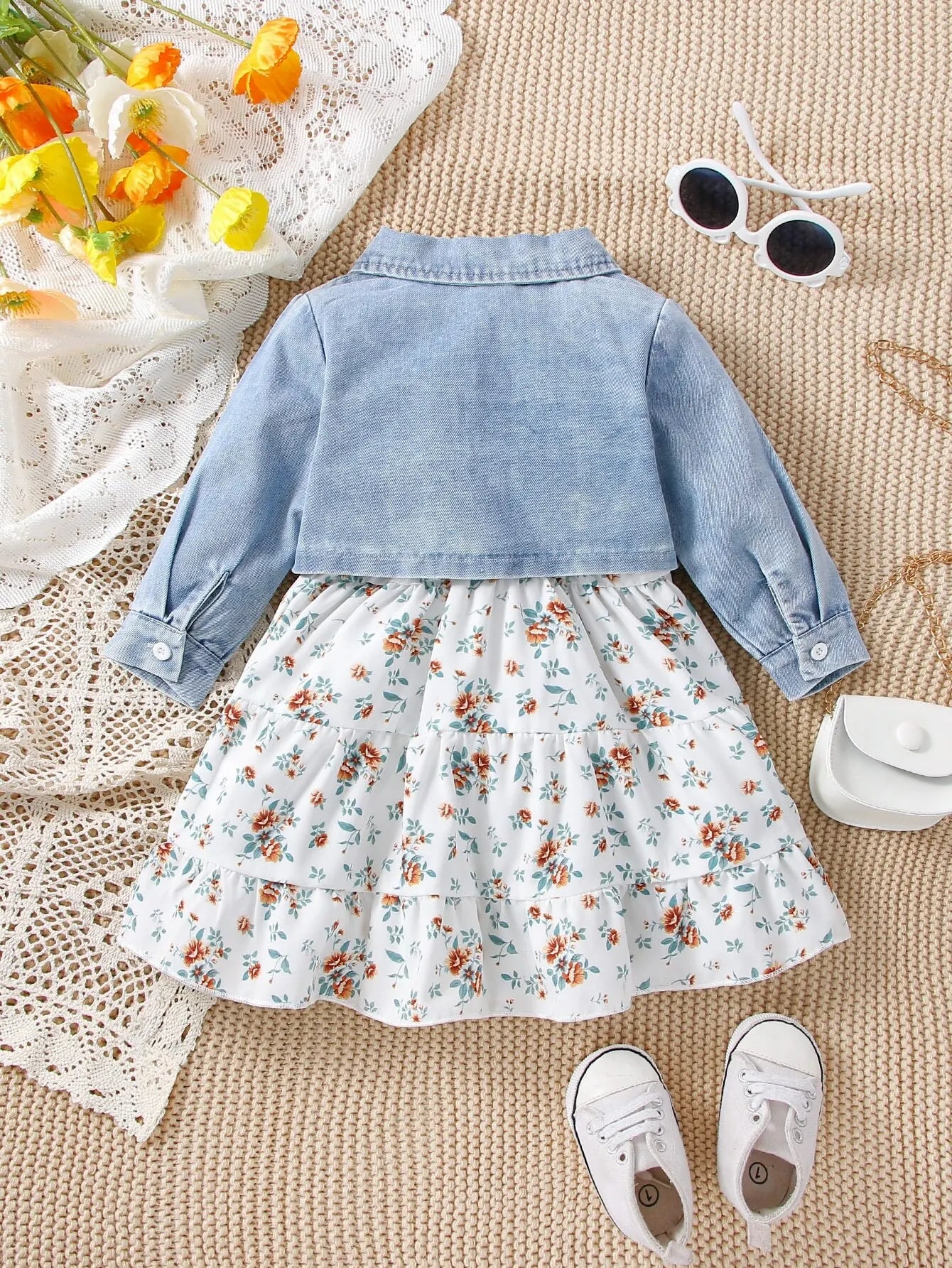 Baby Spring and Autumn Denim Coat Floral + Slip Skirt Two-piece Casual Female Newborn Street Fashion Suit Outdoor Vacation Wear Leedoar