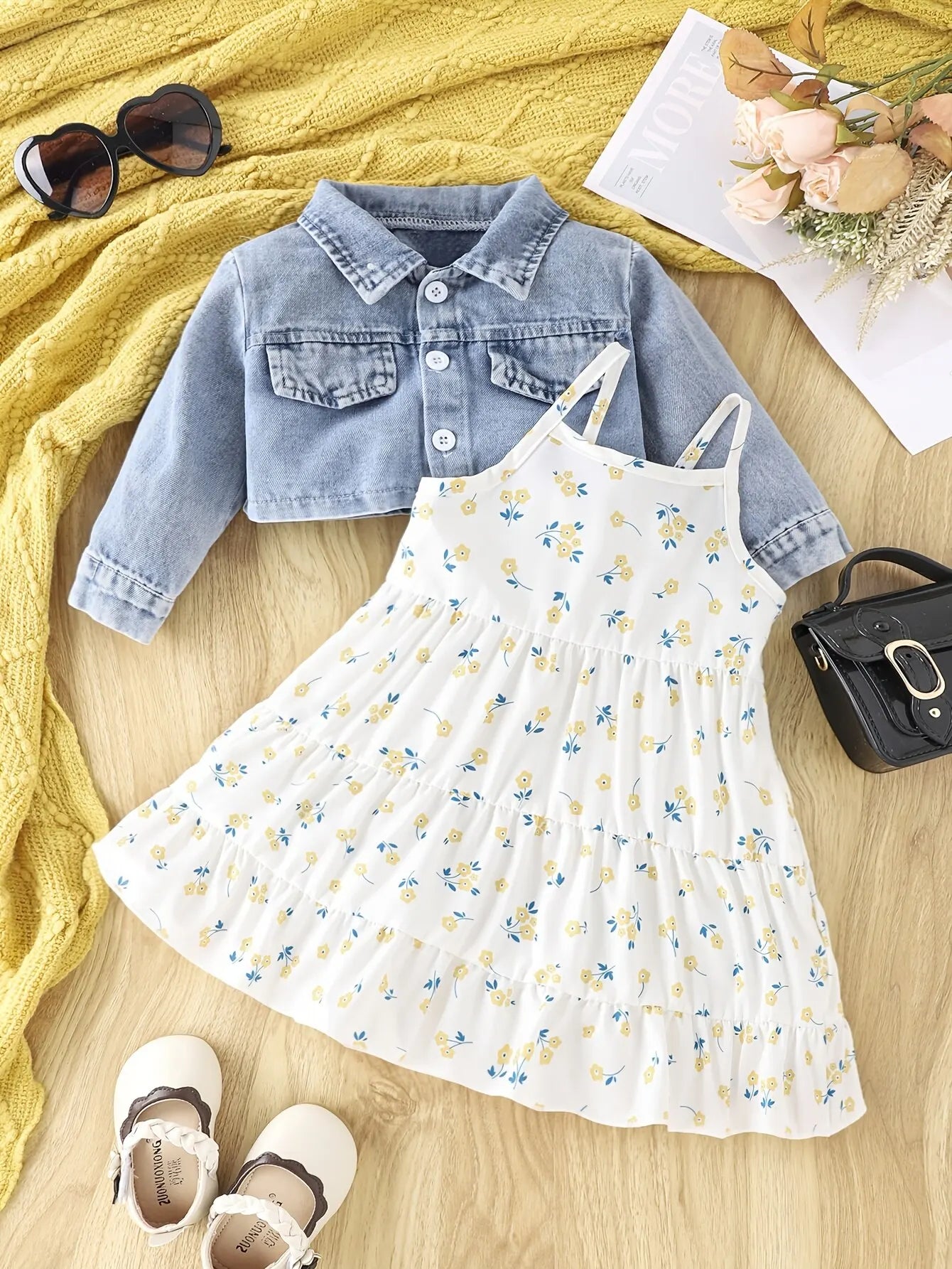 Baby Spring and Autumn Denim Coat Floral + Slip Skirt Two-piece Casual Female Newborn Street Fashion Suit Outdoor Vacation Wear Leedoar