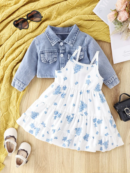 Baby Spring and Autumn Denim Coat Floral + Slip Skirt Two-piece Casual Female Newborn Street Fashion Suit Outdoor Vacation Wear Leedoar