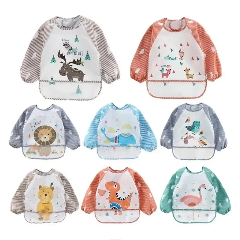 Baby Striped Long Sleeve Scarf Waterproof Toddler Art Smock Feeding Bib Apron Pocket Infant Boys Girls Burp Cloth Bibs Leedoar