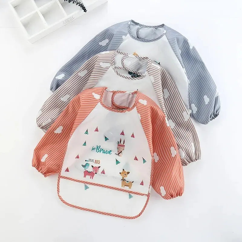 Baby Striped Long Sleeve Scarf Waterproof Toddler Art Smock Feeding Bib Apron Pocket Infant Boys Girls Burp Cloth Bibs Leedoar