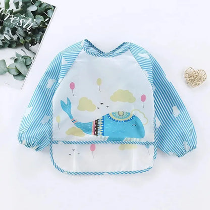 Baby Striped Long Sleeve Scarf Waterproof Toddler Art Smock Feeding Bib Apron Pocket Infant Boys Girls Burp Cloth Bibs Leedoar