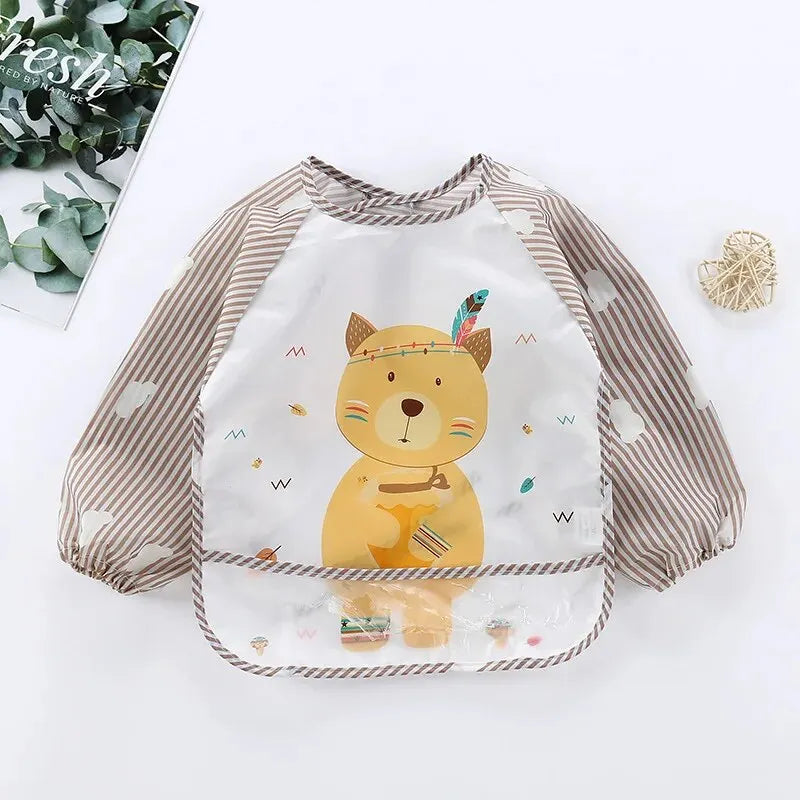 Baby Striped Long Sleeve Scarf Waterproof Toddler Art Smock Feeding Bib Apron Pocket Infant Boys Girls Burp Cloth Bibs Leedoar