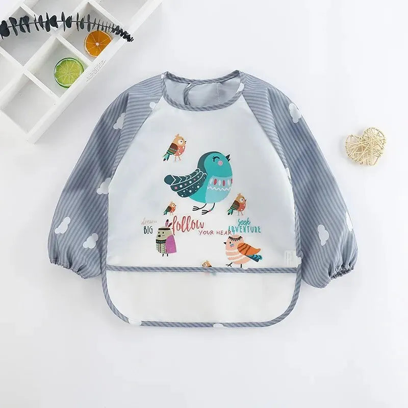 Baby Striped Long Sleeve Scarf Waterproof Toddler Art Smock Feeding Bib Apron Pocket Infant Boys Girls Burp Cloth Bibs Leedoar