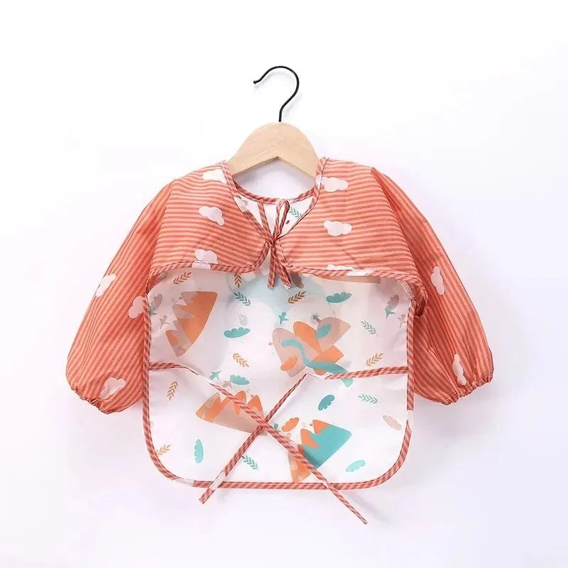 Baby Striped Long Sleeve Scarf Waterproof Toddler Art Smock Feeding Bib Apron Pocket Infant Boys Girls Burp Cloth Bibs Leedoar