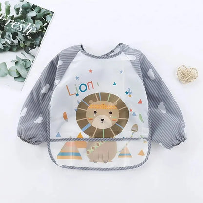 Baby Striped Long Sleeve Scarf Waterproof Toddler Art Smock Feeding Bib Apron Pocket Infant Boys Girls Burp Cloth Bibs Leedoar