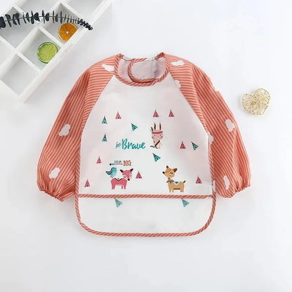 Baby Striped Long Sleeve Scarf Waterproof Toddler Art Smock Feeding Bib Apron Pocket Infant Boys Girls Burp Cloth Bibs Leedoar