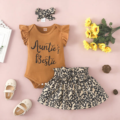 Baby Summer Clothing Newborn Infant Baby Girl Clothes Ruffled Sleeveless Jumpsuit+Leopard Skirt Headband 3Pcs Outfits Leedoar