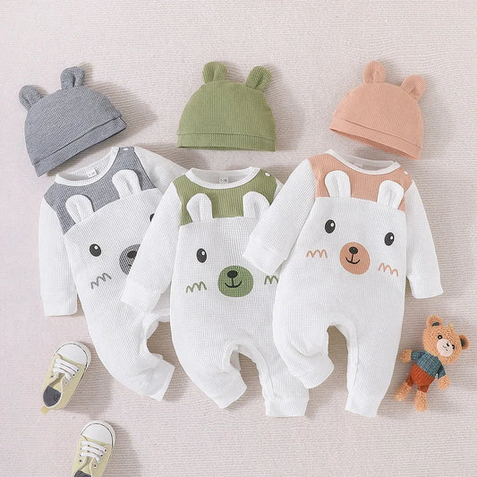 Baby Unisex Boy Girl Newborn Onesies Romper 0-18 Months Toddler Clothing Infant Long Sleeve Cartoon Cute Bear Ears Hat Jumpsuit Leedoar