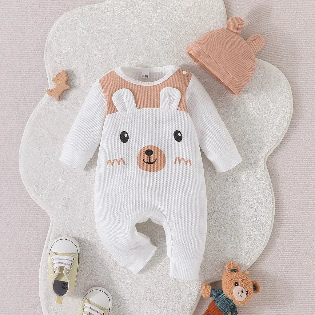 Baby Unisex Boy Girl Newborn Onesies Romper 0-18 Months Toddler Clothing Infant Long Sleeve Cartoon Cute Bear Ears Hat Jumpsuit Leedoar