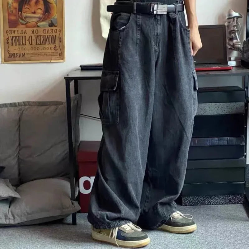 Baggy Jeans Men Black Wide Denim Pants Oversize Cargo Korean Fashion Male Clothes Streetwear Trousers Sweatpants Leedoar