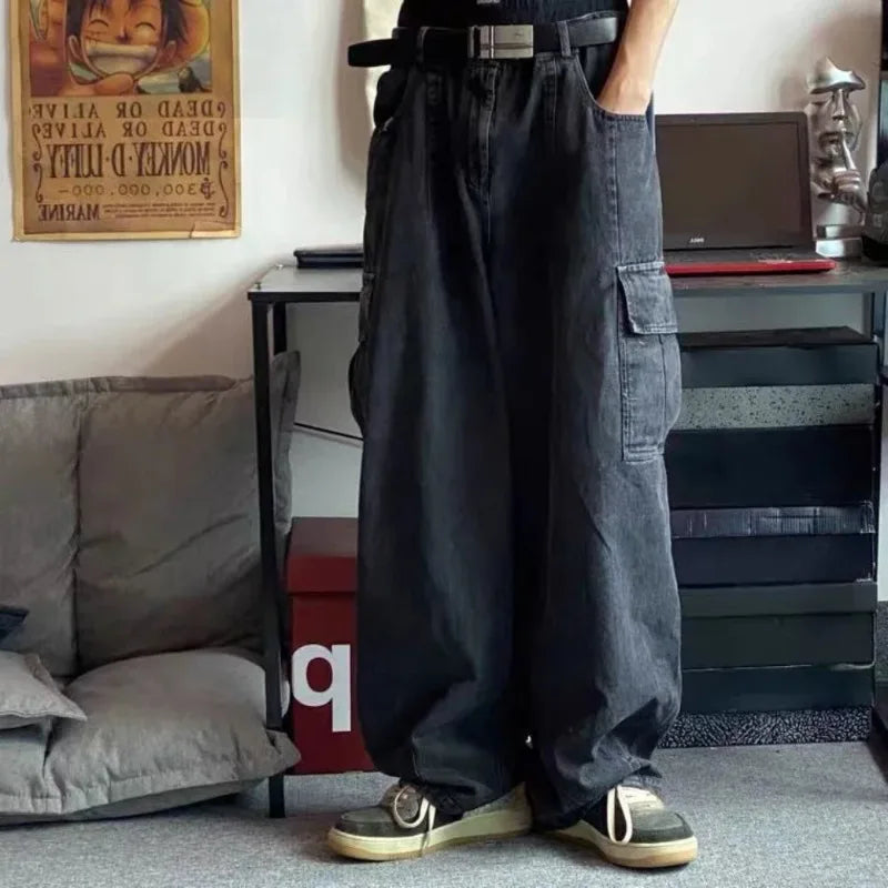 Baggy Jeans Men Black Wide Denim Pants Oversize Cargo Korean Fashion Male Clothes Streetwear Trousers Sweatpants Leedoar