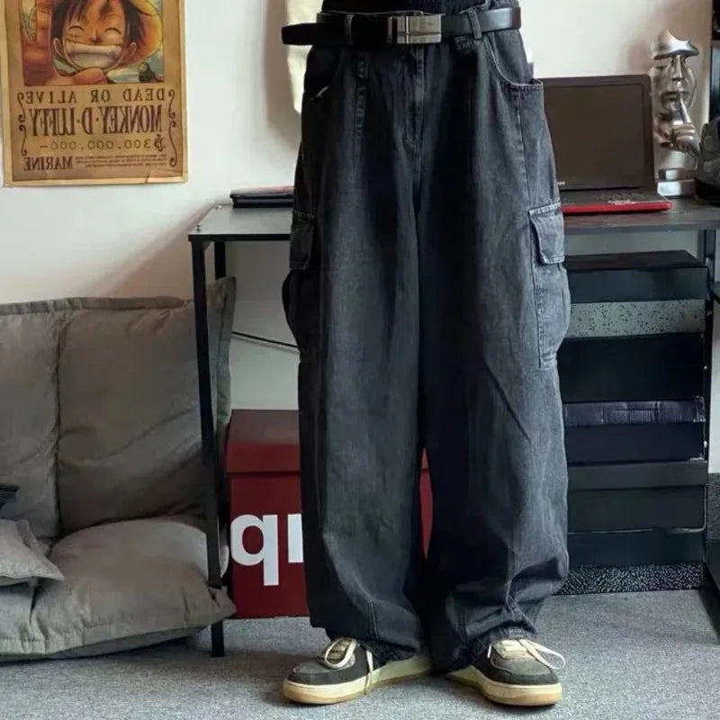 Baggy Jeans Men Black Wide Denim Pants Oversize Cargo Korean Fashion Male Clothes Streetwear Trousers Sweatpants Leedoar