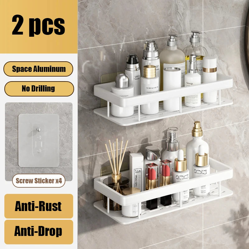 Bathroom Shelf Makeup Storage Organizer Aluminum Alloy Shampoo Rack Shower Shelf Bathroom Accessories No Drill Wall Shelf Leedoar