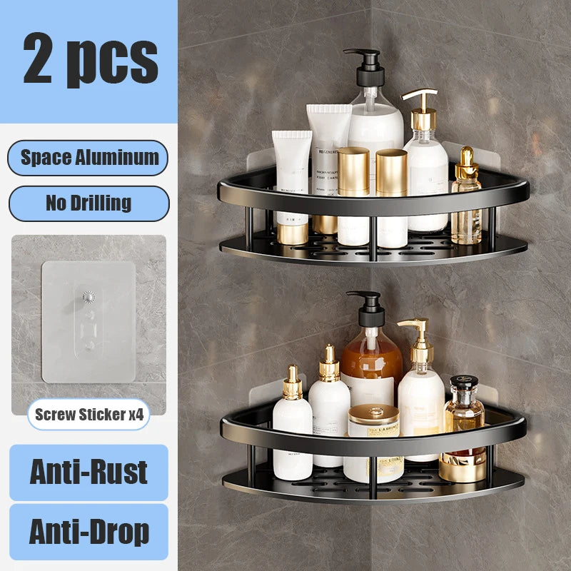 Bathroom Shelf Makeup Storage Organizer Aluminum Alloy Shampoo Rack Shower Shelf Bathroom Accessories No Drill Wall Shelf Leedoar