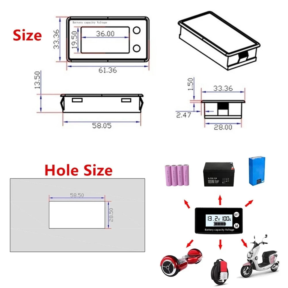 Battery Capacity Indicator DC 8V-100V Lead Acid Lithium LiFePO4 Car Motorcycle Voltmeter Voltage Gauge 12V 24V 48V 72V 6133A