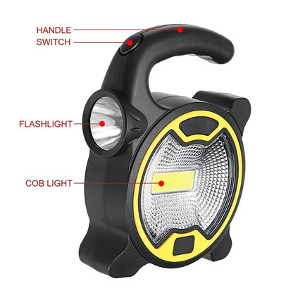 Lanterna de trabalho LED COB portátil alimentada por bateria, lanterna portátil, luzes de acampamento para barraca ao ar livre com alça (sem bateria) 