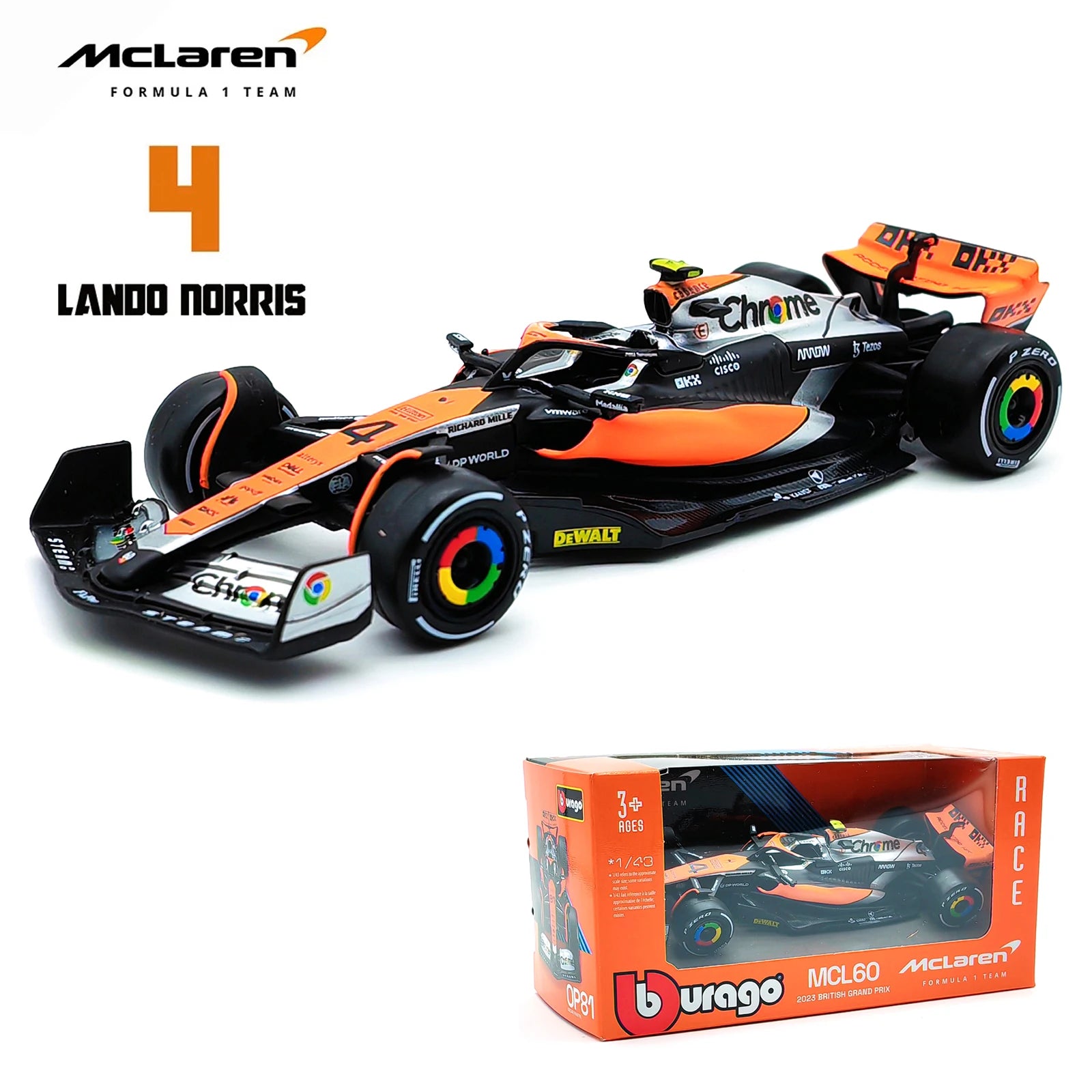 Bburago 1:43 P2 British GP Mclaren F1 MCL60 2023 #4 Lando Norris #81 Oscar Piastri Alloy Car Die Cast Model Toy Collectible Leedoar