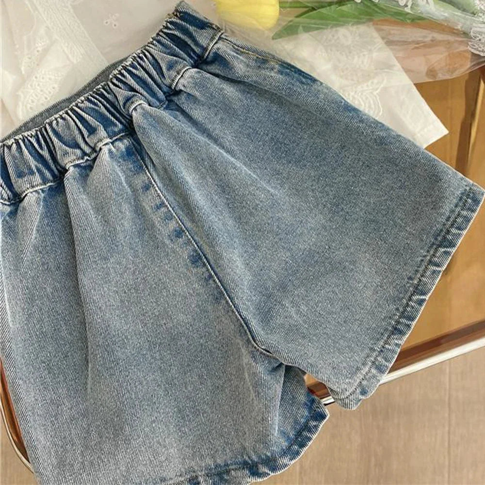 Bear Leader Girls Suit Summer New Korean Girls Sweet Lace Hollow Shirt Fake Two Denim Shorts Kids Clothes Girls Kids Clothes Leedoar