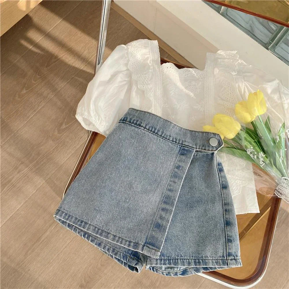 Bear Leader Girls Suit Summer New Korean Girls Sweet Lace Hollow Shirt Fake Two Denim Shorts Kids Clothes Girls Kids Clothes Leedoar