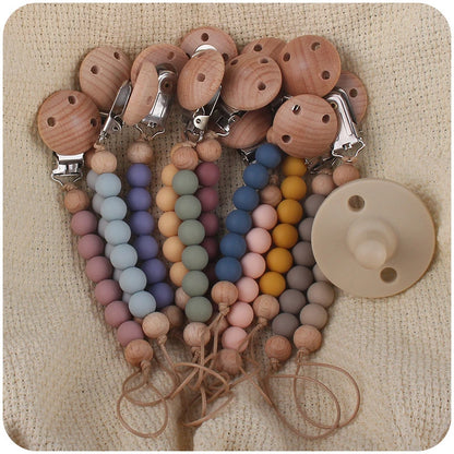 Beech Wood Chew Silicone Bead Pacifier Clips Dummy Chain Holder Newborn Soother Chains Nipple Holder Baby Teething Toys Gifts Leedoar