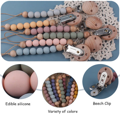 Beech Wood Chew Silicone Bead Pacifier Clips Dummy Chain Holder Newborn Soother Chains Nipple Holder Baby Teething Toys Gifts Leedoar