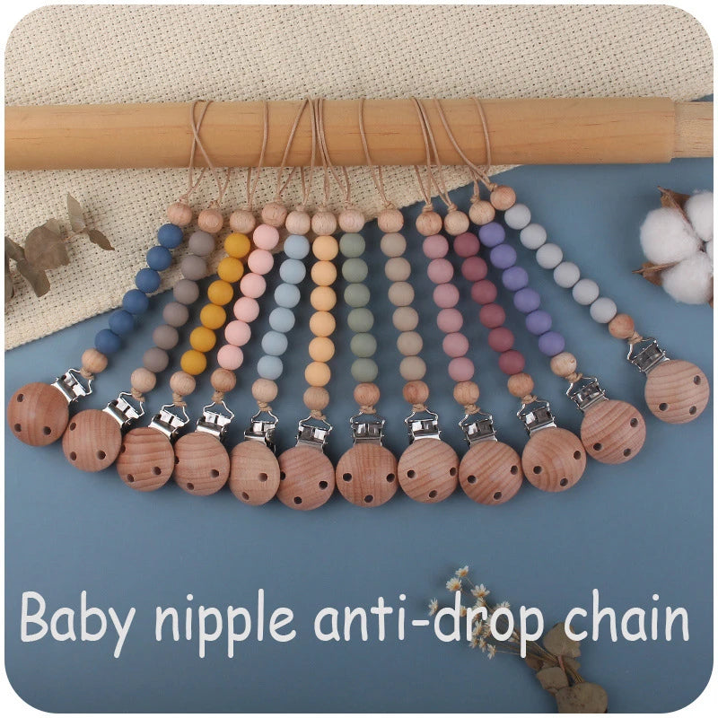 Beech Wood Chew Silicone Bead Pacifier Clips Dummy Chain Holder Newborn Soother Chains Nipple Holder Baby Teething Toys Gifts Leedoar