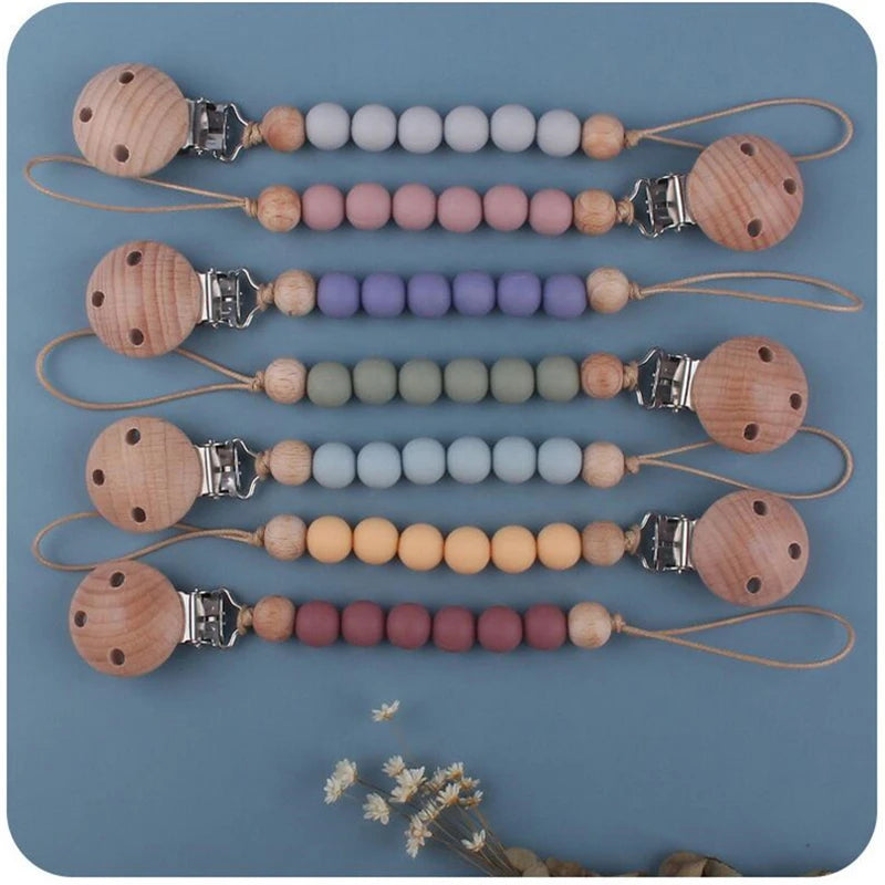 Beech Wood Chew Silicone Bead Pacifier Clips Dummy Chain Holder Newborn Soother Chains Nipple Holder Baby Teething Toys Gifts Leedoar