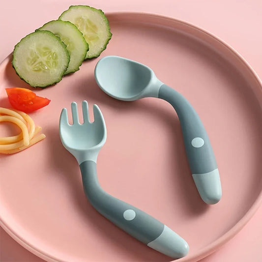 Bendable Twist Baby Fork And Spoon Set Learn To Eat Training Tableware Silicone PP Soft Spoon Soft Bendable Leedoar