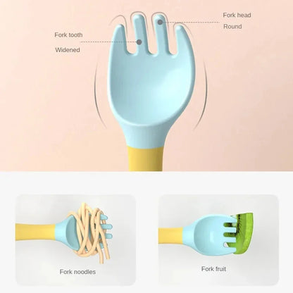 Bendable Twist Baby Fork And Spoon Set Learn To Eat Training Tableware Silicone PP Soft Spoon Soft Bendable Leedoar