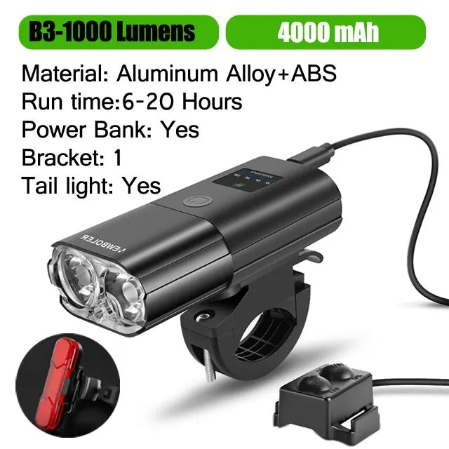 Bicycle Light 1000Lumen 4000mAh Bike Headlight Power Bank Flashlight Handlebar USB Charging MTB Road Cycling Highlight Leedoar