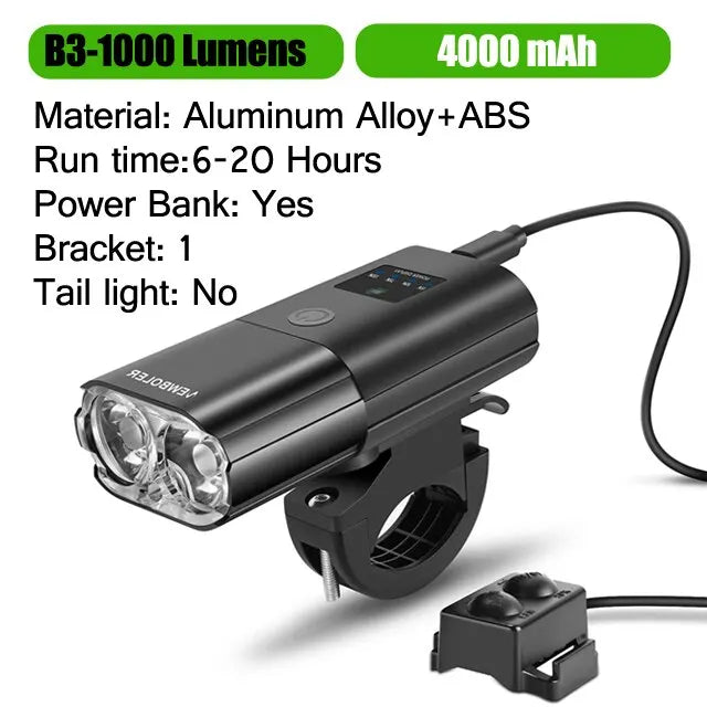 Bicycle Light 1000Lumen 4000mAh Bike Headlight Power Bank Flashlight Handlebar USB Charging MTB Road Cycling Highlight Leedoar