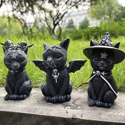 Estatua de gato negro, gato misterioso y lindo, figura de gato bruja, decoración de brujas, adorno de escritorio, escultura pintada a mano para Halloween, 1 pieza 