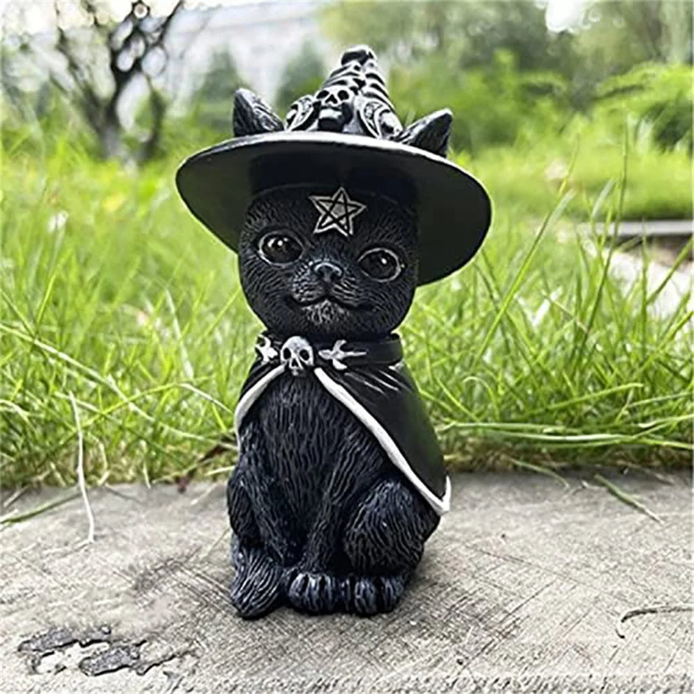 Black Cat Statue Mysterious Cute Cat Witch Cat Figurine Witches Decor Desk Ornament Hand-Painted Sculpture for Halloween 1PC Leedoar