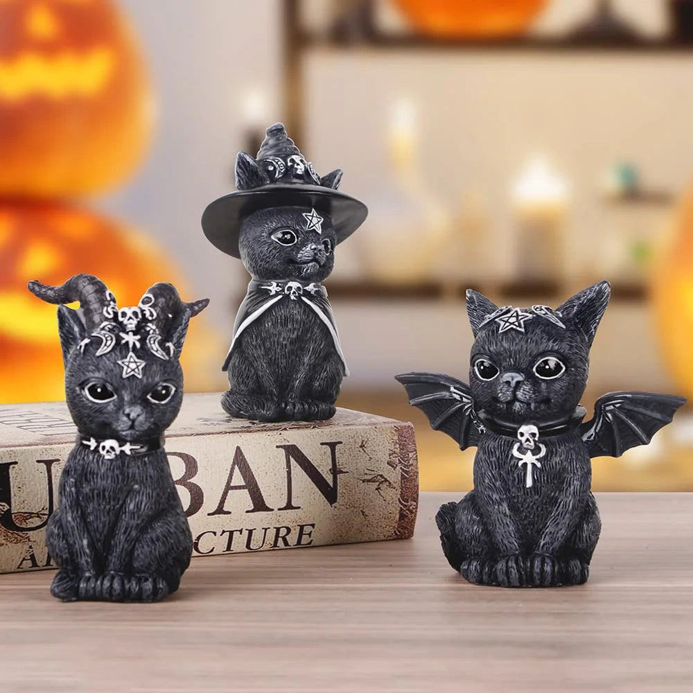 Black Cat Statue Mysterious Cute Cat Witch Cat Figurine Witches Decor Desk Ornament Hand-Painted Sculpture for Halloween 1PC Leedoar