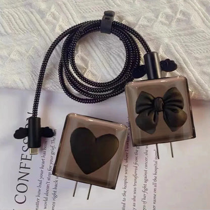 Black Love Bow 5pcs Charging Data Cable Protector Winder Accessories For iPhone 18/20w Charger Protective Cover Leedoar