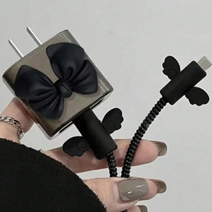 Black Love Bow 5pcs Charging Data Cable Protector Winder Accessories For iPhone 18/20w Charger Protective Cover Leedoar