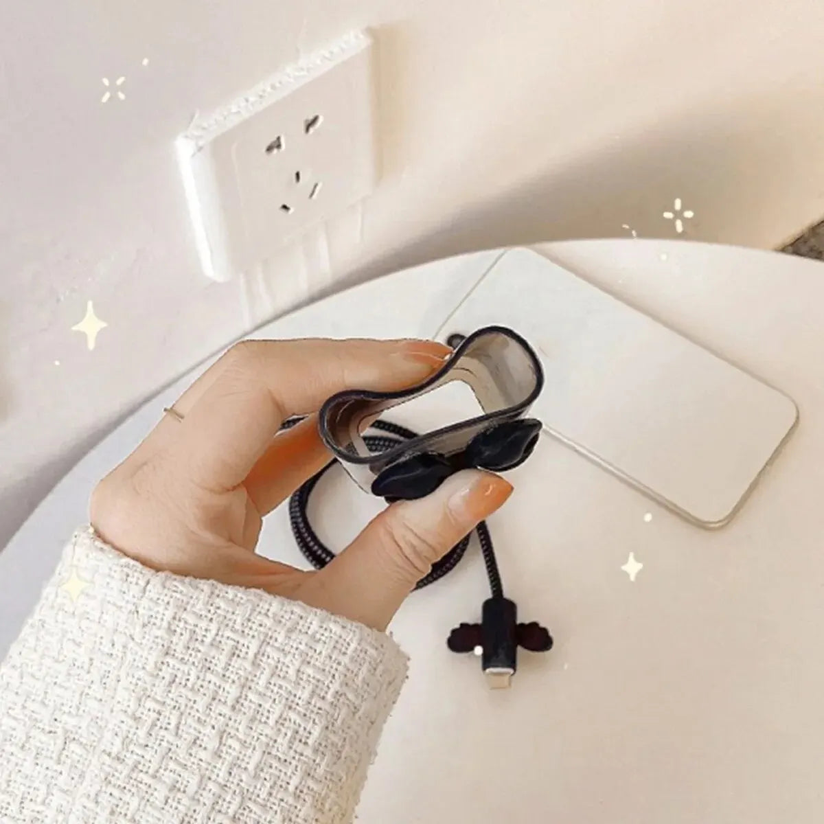 Black Love Bow 5pcs Charging Data Cable Protector Winder Accessories For iPhone 18/20w Charger Protective Cover Leedoar