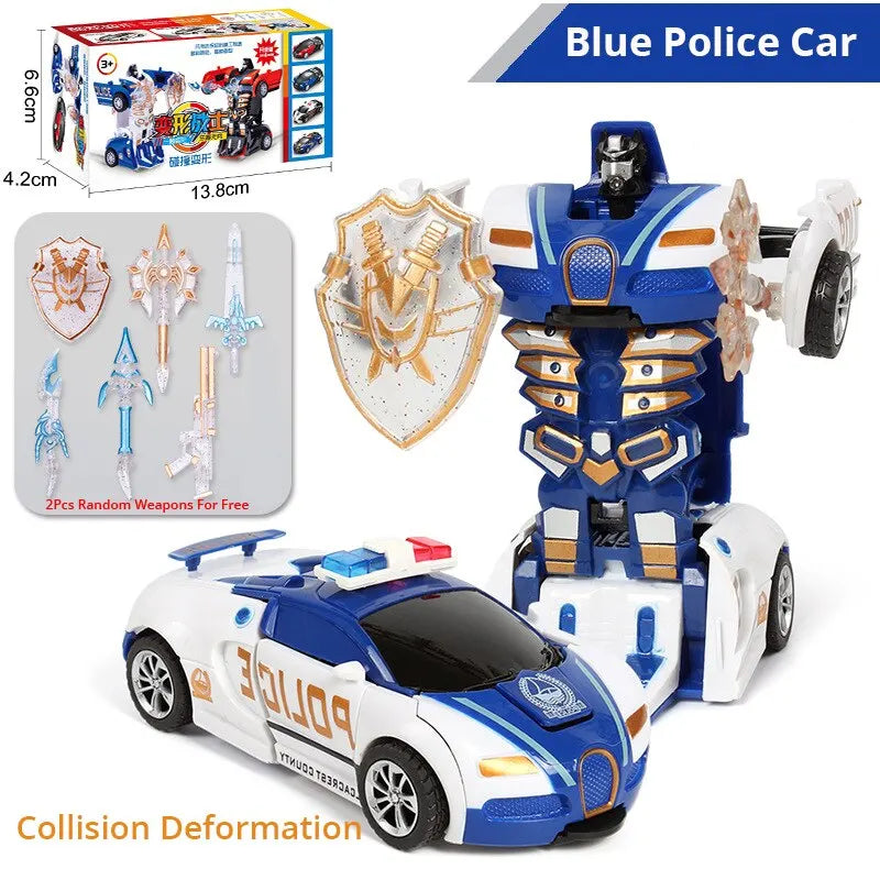 Blue Children's Collision Deformation Police Car Toy Boy Inertia Impact One-Button Deformation Car Leedoar