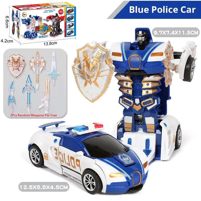 Blue Children's Collision Deformation Police Car Toy Boy Inertia Impact One-Button Deformation Car Leedoar