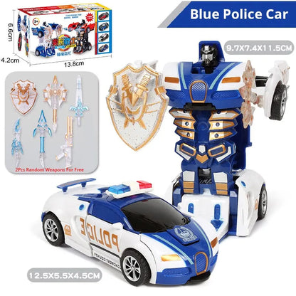 Blue Children's Collision Deformation Police Car Toy Boy Inertia Impact One-Button Deformation Car Leedoar