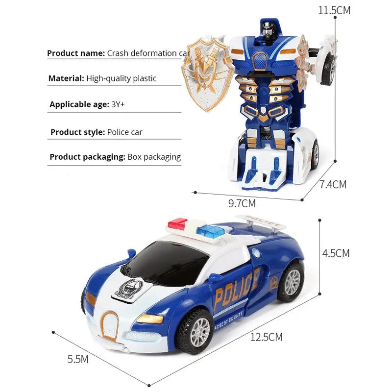 Blue Children's Collision Deformation Police Car Toy Boy Inertia Impact One-Button Deformation Car Leedoar