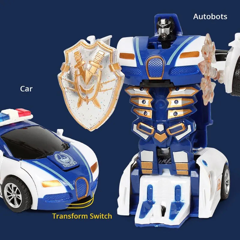 Blue Children's Collision Deformation Police Car Toy Boy Inertia Impact One-Button Deformation Car Leedoar