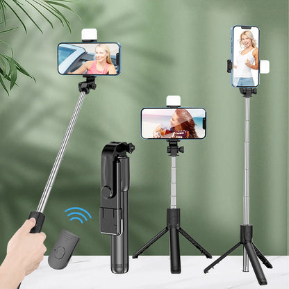 Tripé extensível remoto Bluetooth sem fio Selfie Stick Tripé com luz para iPhone Celular Tiktok Transmissão ao vivo 