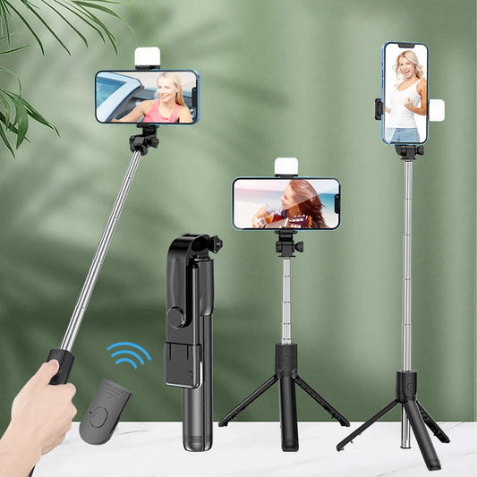 Trípode extensible con control remoto Bluetooth, palo selfie inalámbrico, trípode con luz para iPhone, teléfono móvil, transmisión en vivo de TikTok 