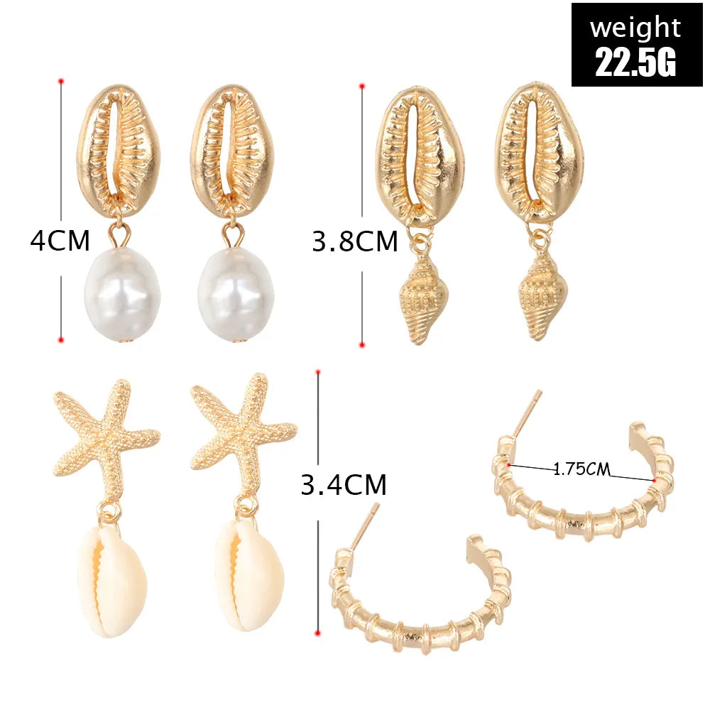 Bohemia Shell Starfish Dangle Earring set For Women Summer Beach Pearl Conch Drop Geometric Earring Girls Fashion Jewelry Leedoar