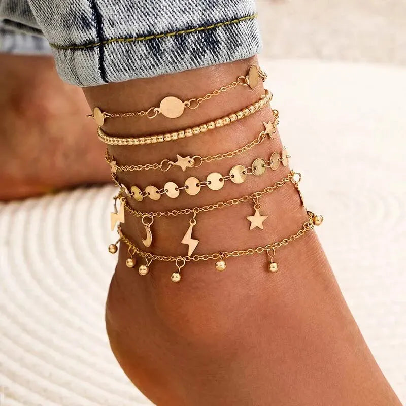 Juego de tobilleras con dije de llave de corazón bohemio para mujer, pulsera de tobillo de verano, cadena de color dorado en la pierna, accesorios de joyería para pies de playa 