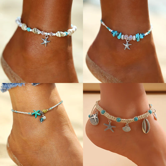 Tobilleros de playa de verano con estrellas de mar y conchas bohemias para mujer, pulsera de tobillo de tortuga en la pierna para niñas, joyería artesanal de cadena descalza