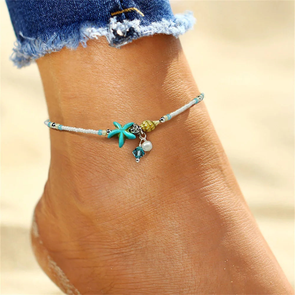 Tobilleros de playa de verano con estrellas de mar y conchas bohemias para mujer, pulsera de tobillo de tortuga en la pierna para niñas, joyería artesanal de cadena descalza